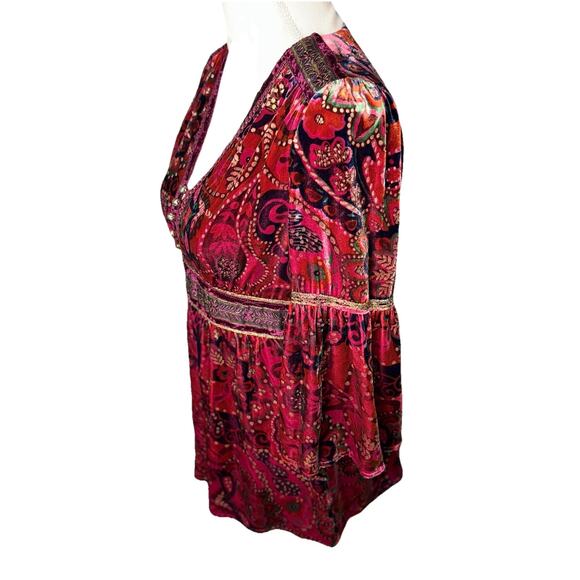 Boho Velvet Babydoll Medium Top Burgundy Gold Trumpet 3/4 Sleeve V-Neck Festival - Picture 4 of 7